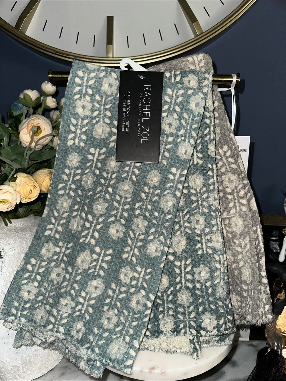 Rachel Zoe Moody  block print Floral Waffle kitchen towels set of 3